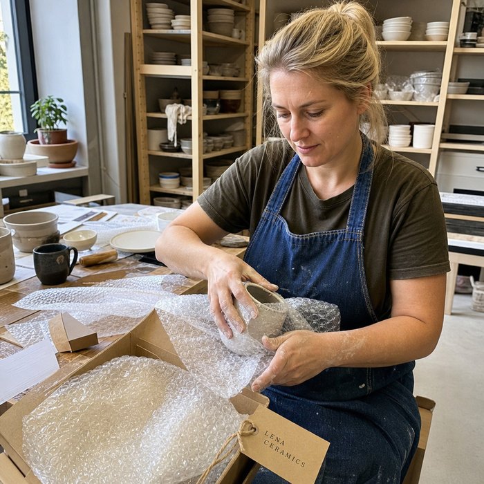Seller wrapping a ceramic cup