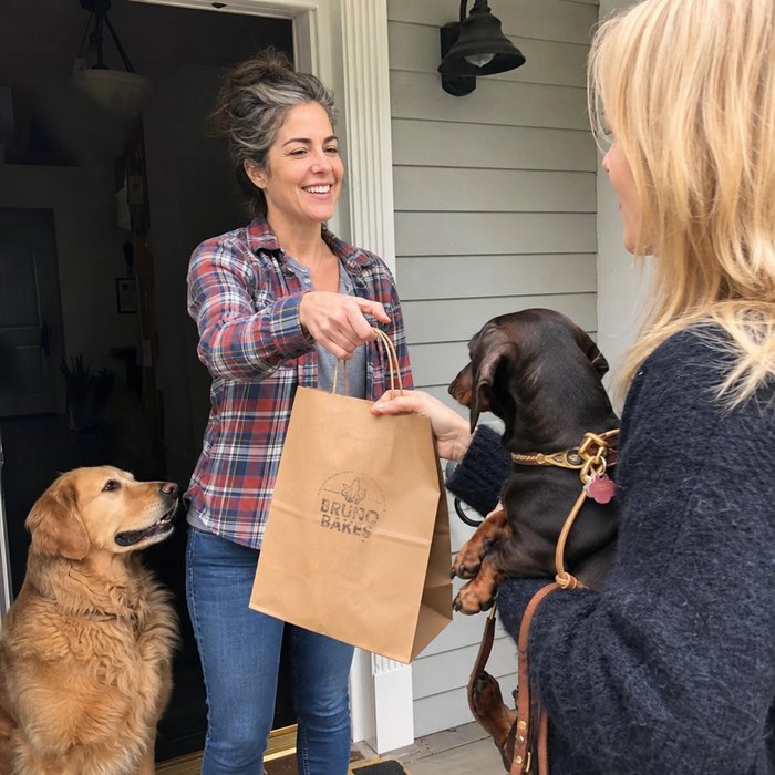 Seller handing a bag of dog treats