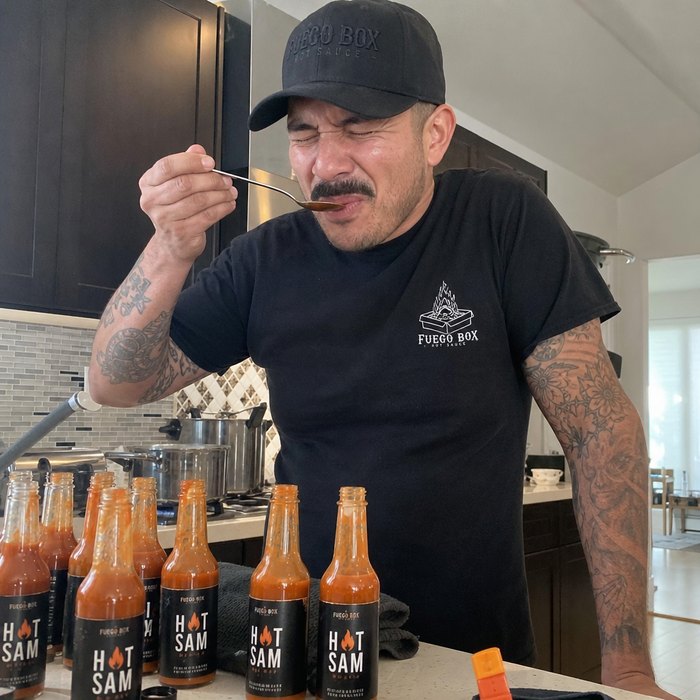 Seller tasting hot sauce